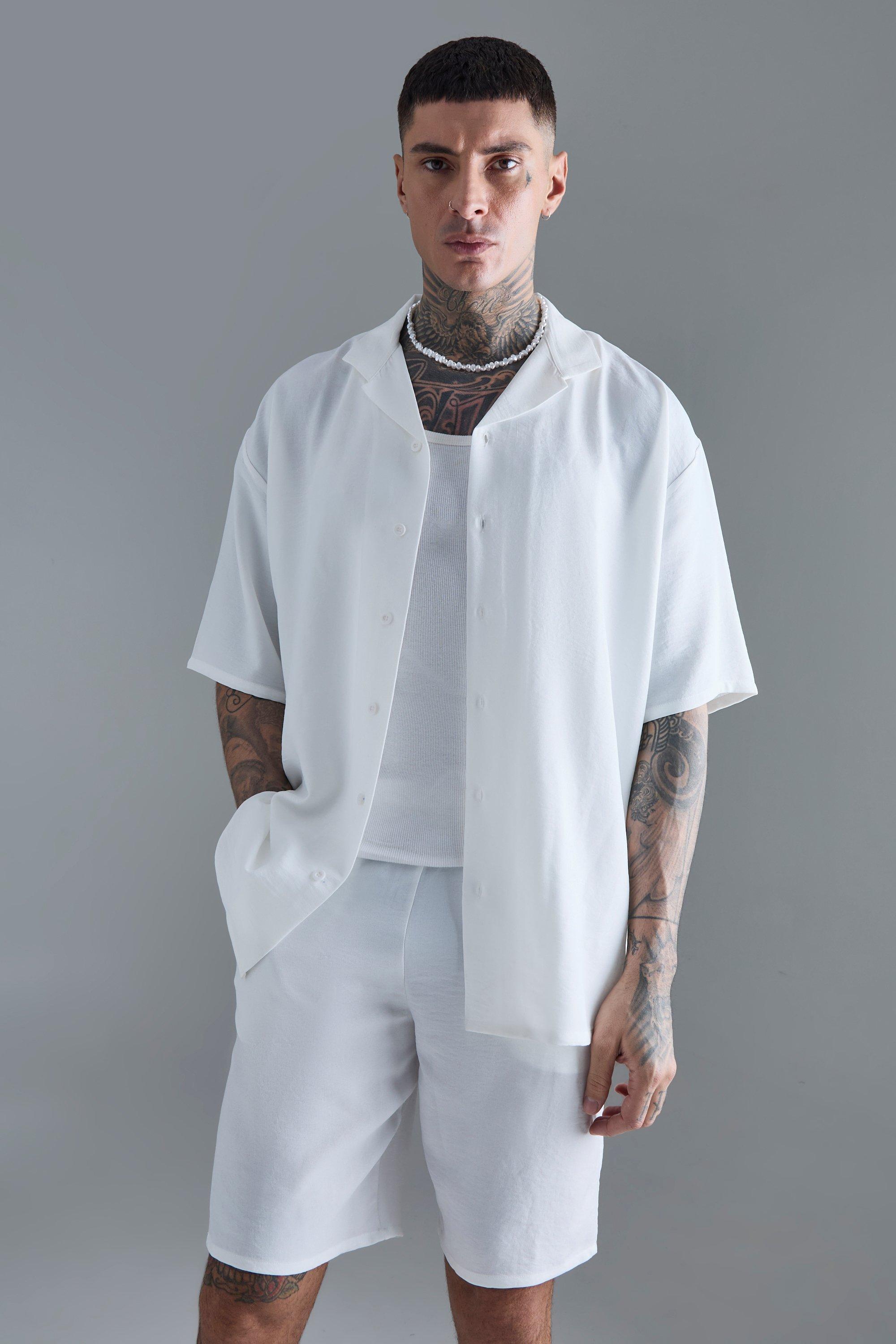 Tall Short Sleeve Drop Revere Linen Shirt & Short Set In White | boohoo USA